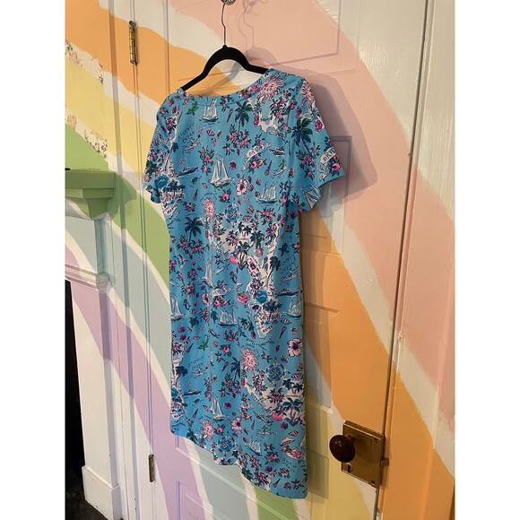 Lilly Pulitzer Pima Cotton Dress Size M Blue Tropical Map Print Short Sleeve - Picture 6 of 10